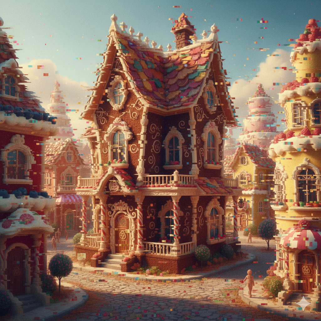 A highly detailed gingerbread house, adorned with intricate frosting and candy decorations, sits on a cobblestone street in a whimsical candy village. The image has an aesthetic, slightly surreal digital glitch effect.